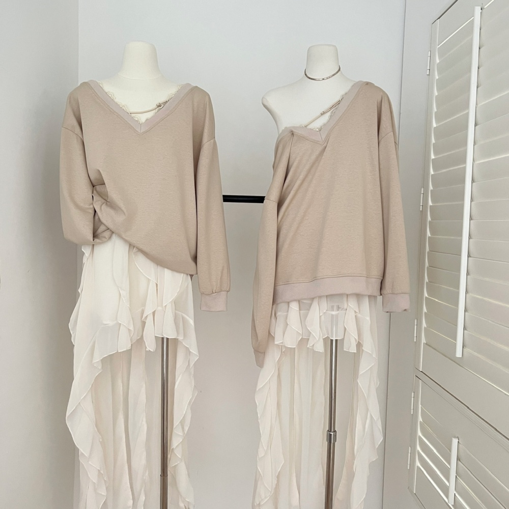 Bow autumn V-neck splice gauze hoodie