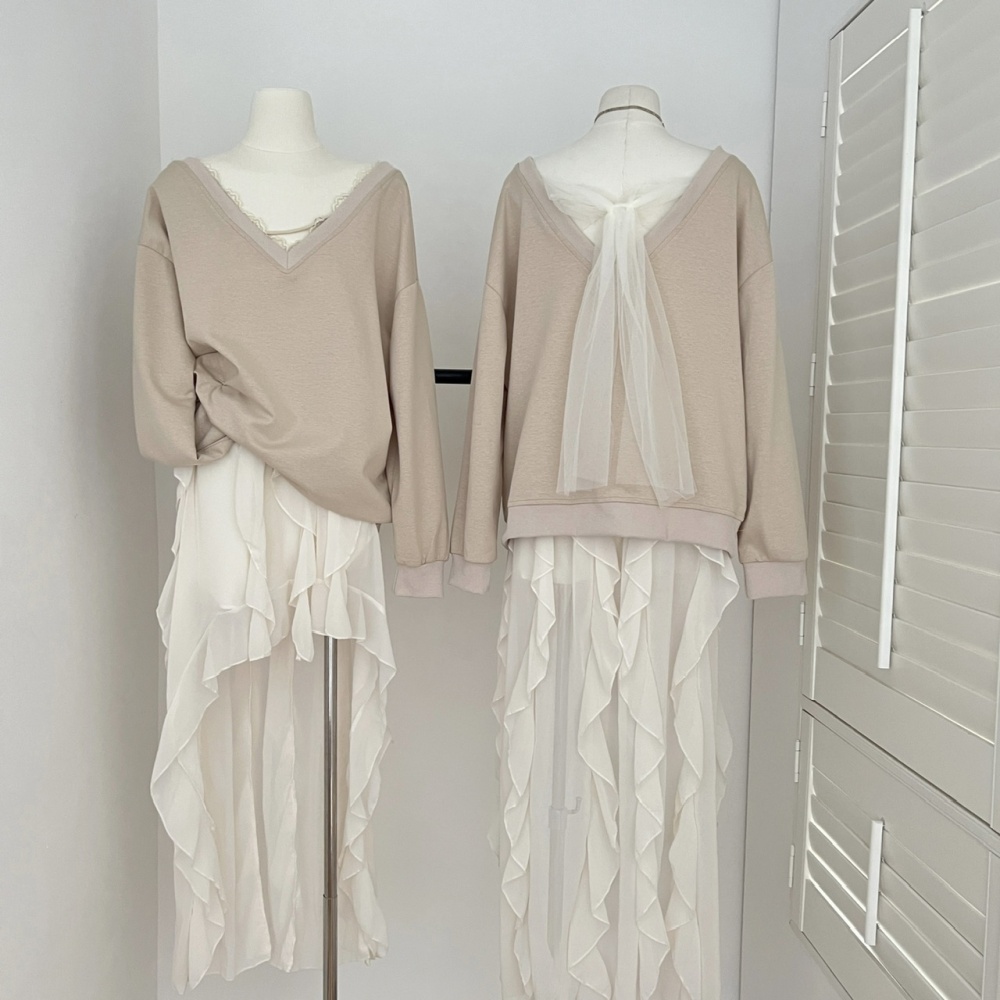 Bow autumn V-neck splice gauze hoodie