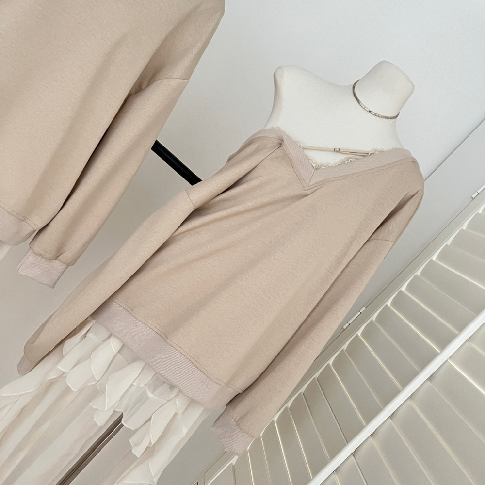 Bow autumn V-neck splice gauze hoodie