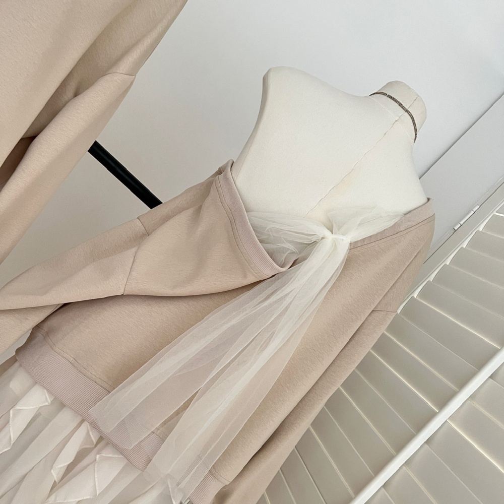 Bow autumn V-neck splice gauze hoodie