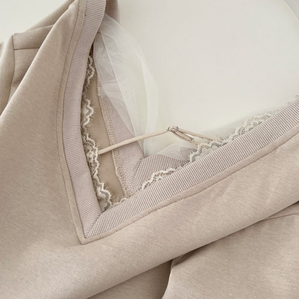 Bow autumn V-neck splice gauze hoodie