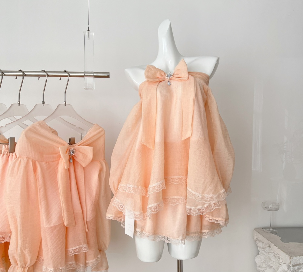 Summer autumn slim tops sweet splice lace short skirt a set