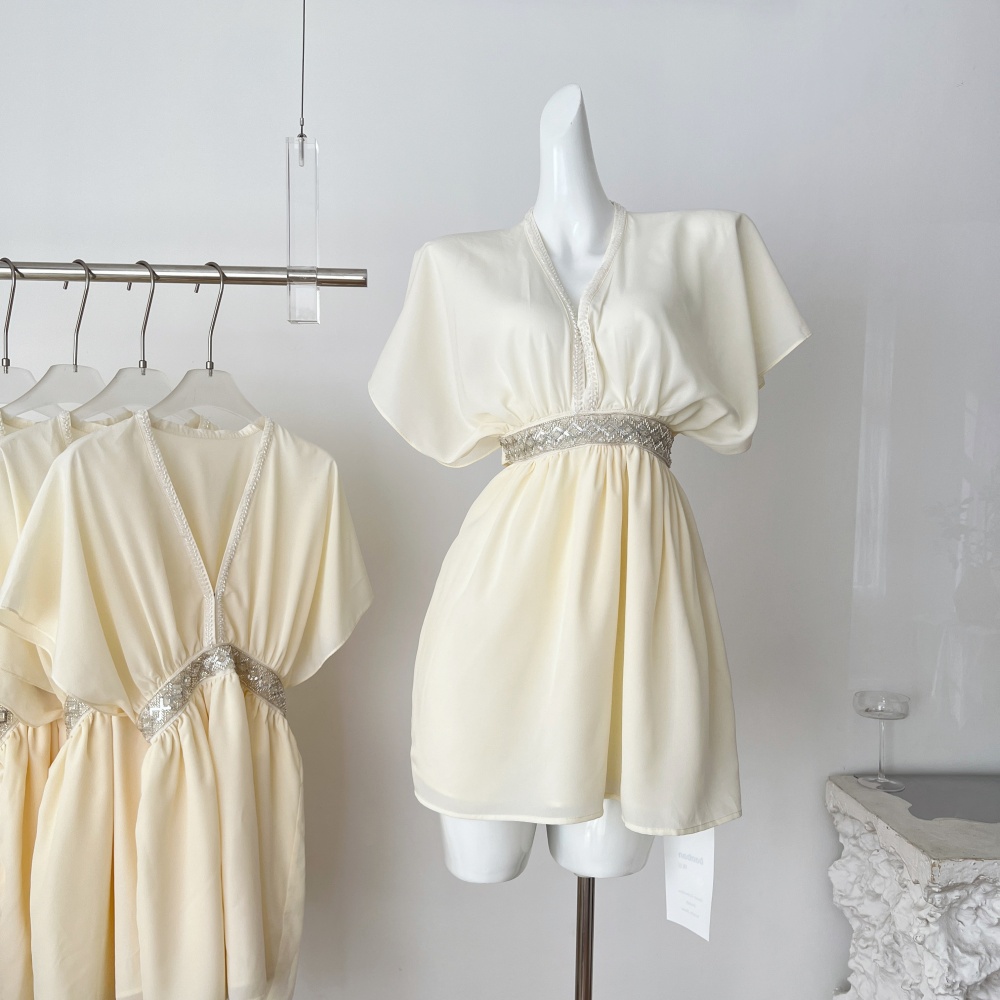 V-neck beading elegant temperament dress for women