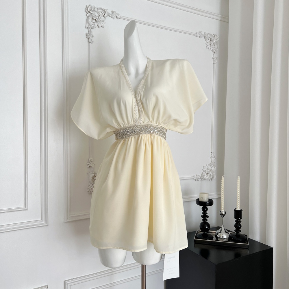 V-neck beading elegant temperament dress for women