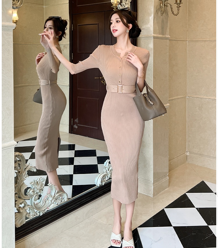 Pinched waist dress with belt long dress for women