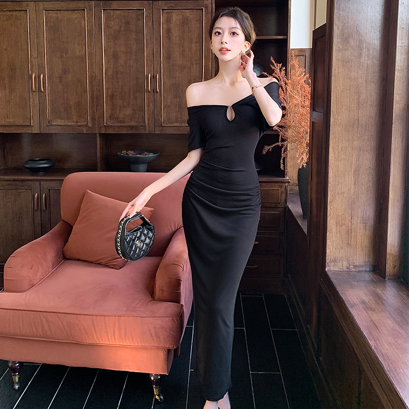 V-neck pinched waist sexy dress slim cozy long dress