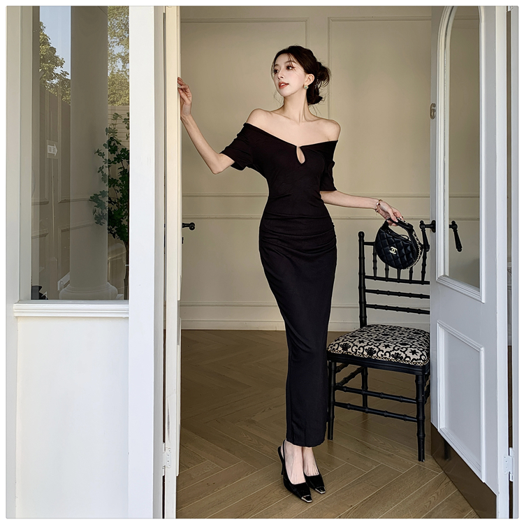 V-neck pinched waist sexy dress slim cozy long dress