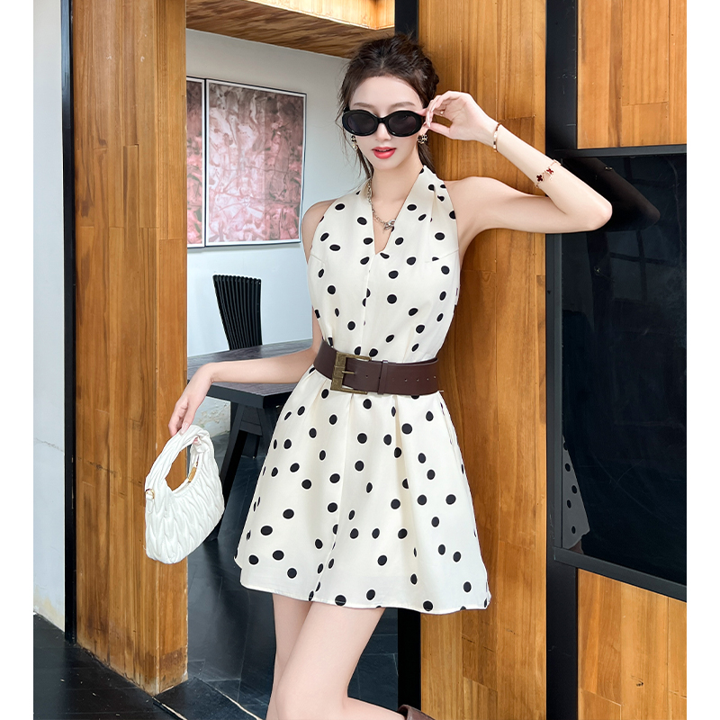 Retro sleeveless A-line dress halter summer T-back