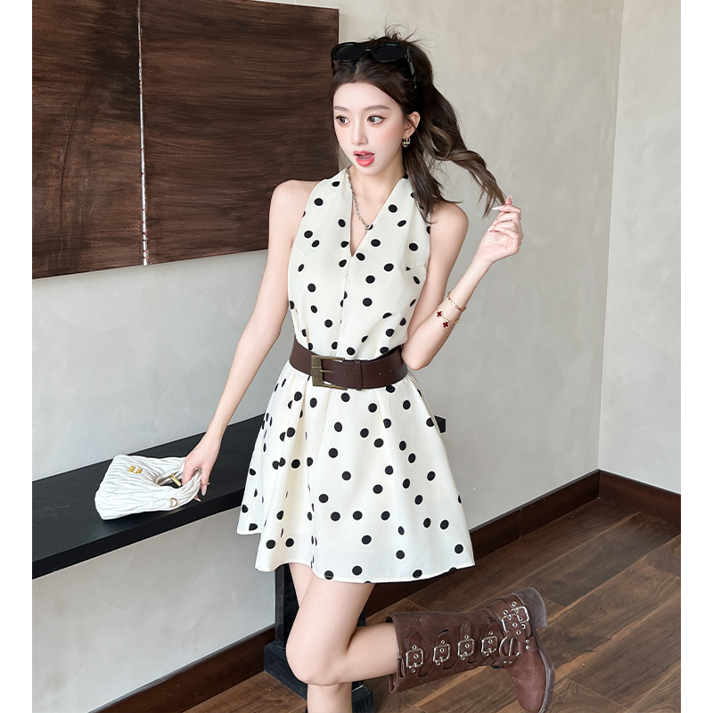 Retro sleeveless A-line dress halter summer T-back