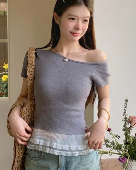Strapless hem Korean style tops splice short sleeve T-shirt