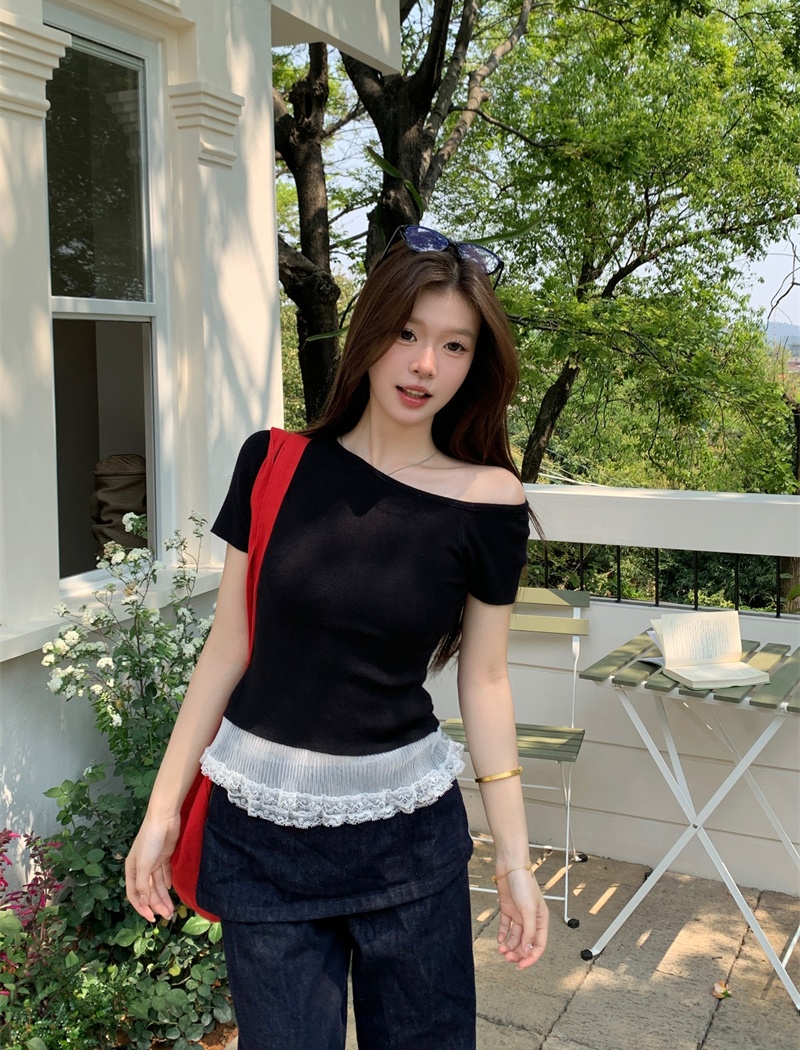 Strapless hem Korean style tops splice short sleeve T-shirt