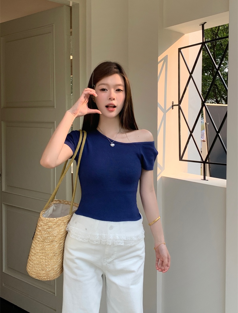 Strapless hem Korean style tops splice short sleeve T-shirt