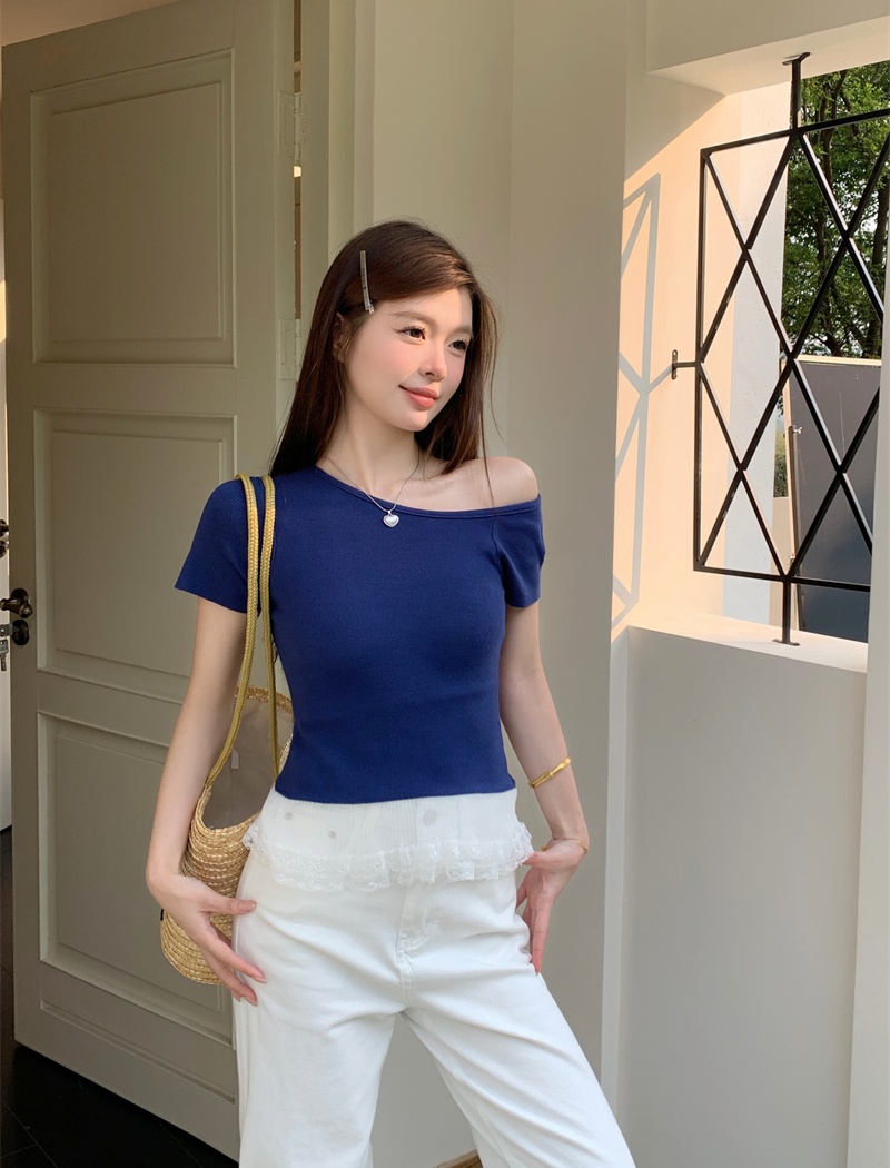 Strapless hem Korean style tops splice short sleeve T-shirt