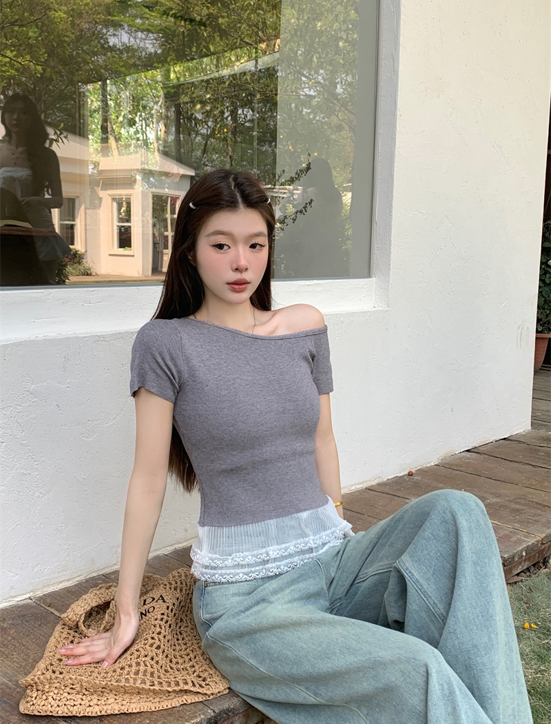 Strapless hem Korean style tops splice short sleeve T-shirt