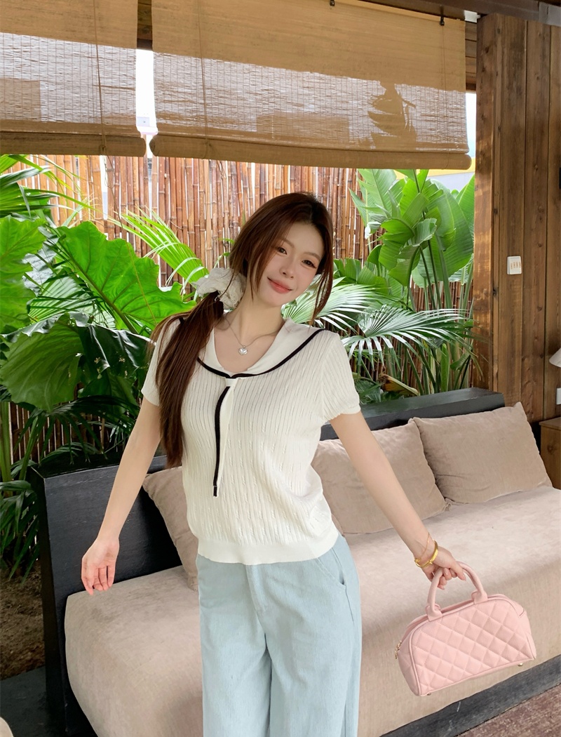 Temperament navy collar tops short sleeve sweater for women