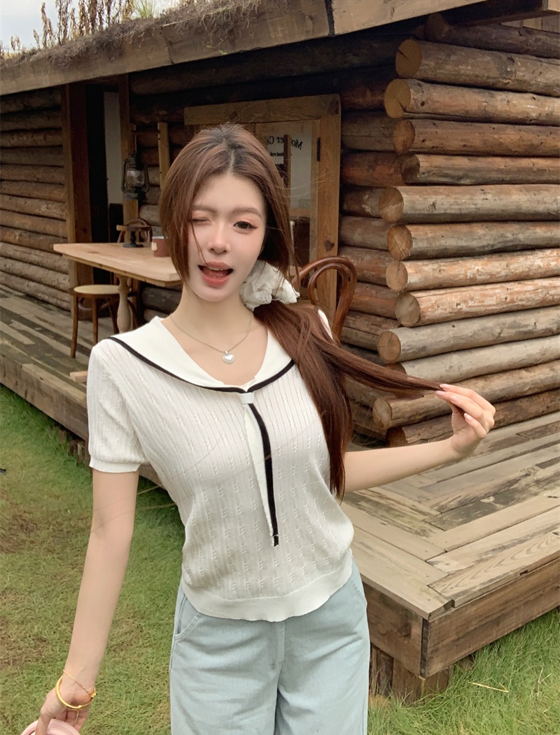 Temperament navy collar tops short sleeve sweater for women