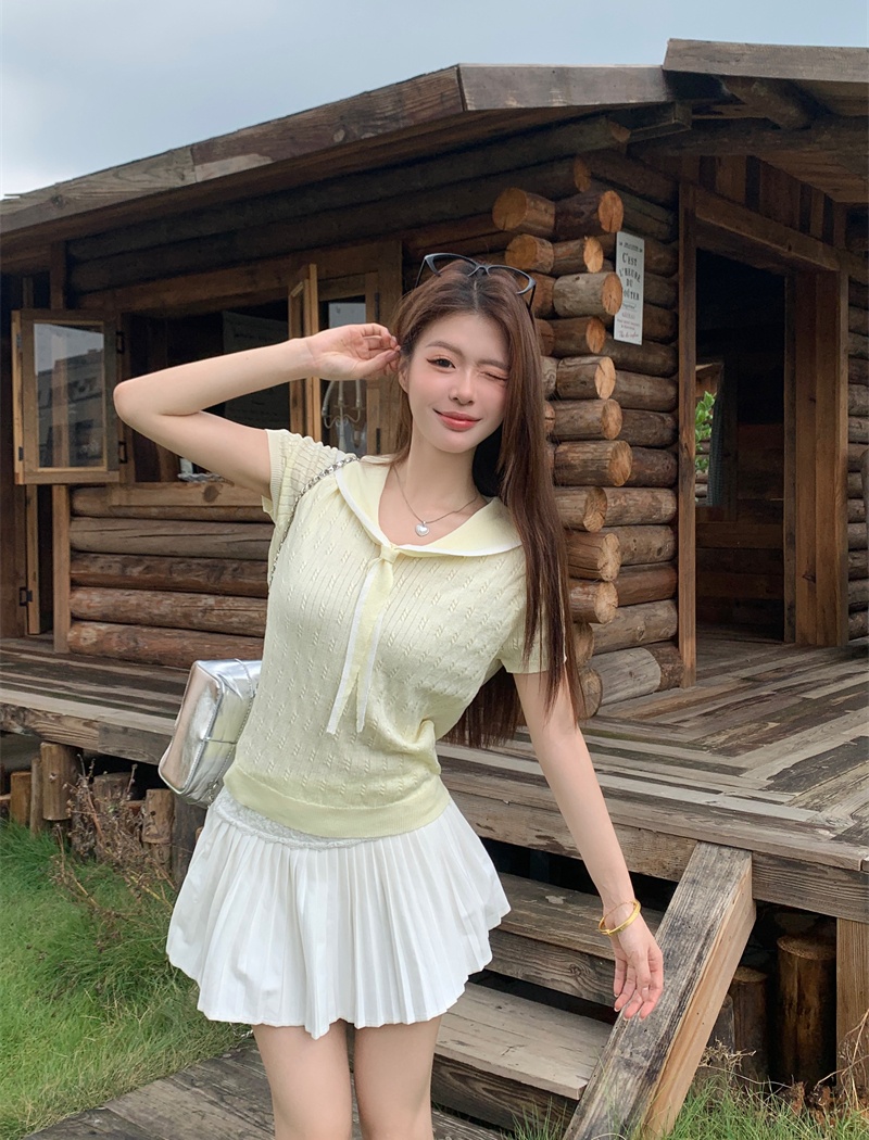 Temperament navy collar tops short sleeve sweater for women