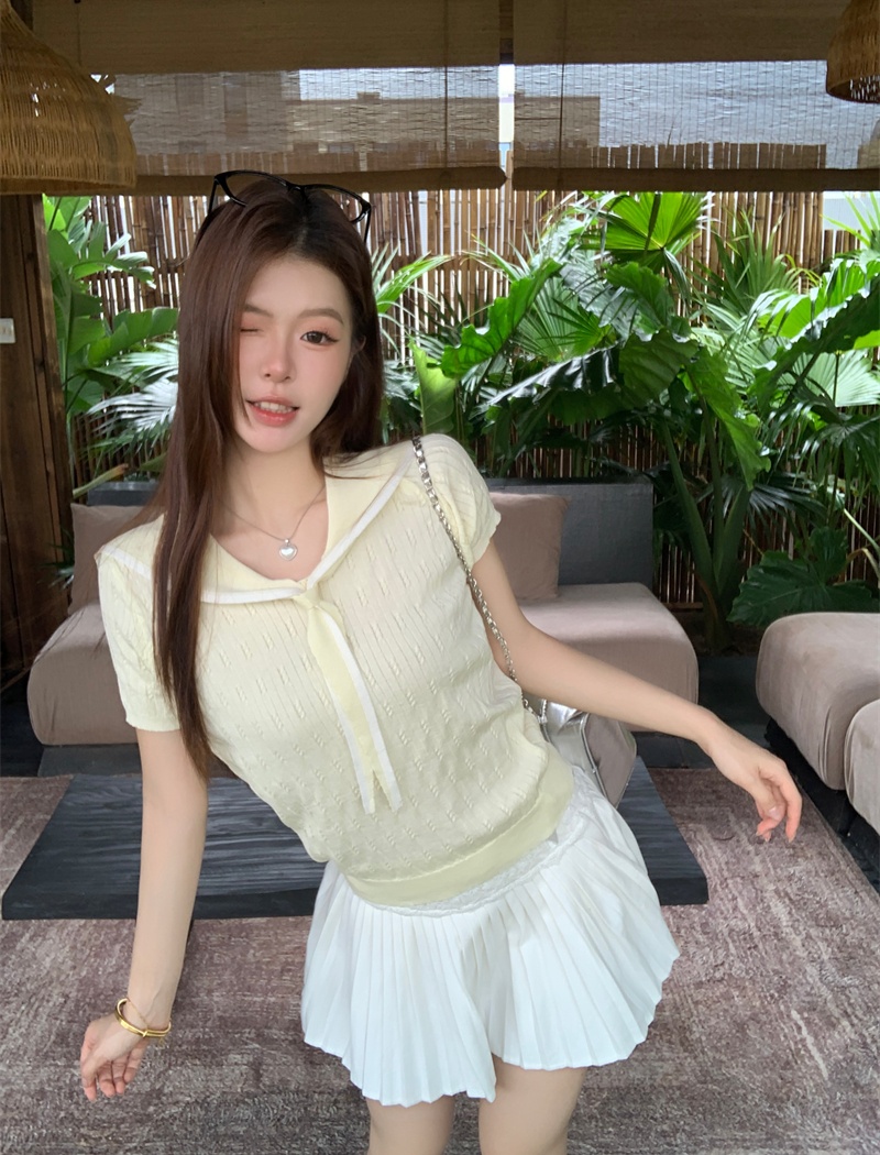 Temperament navy collar tops short sleeve sweater for women