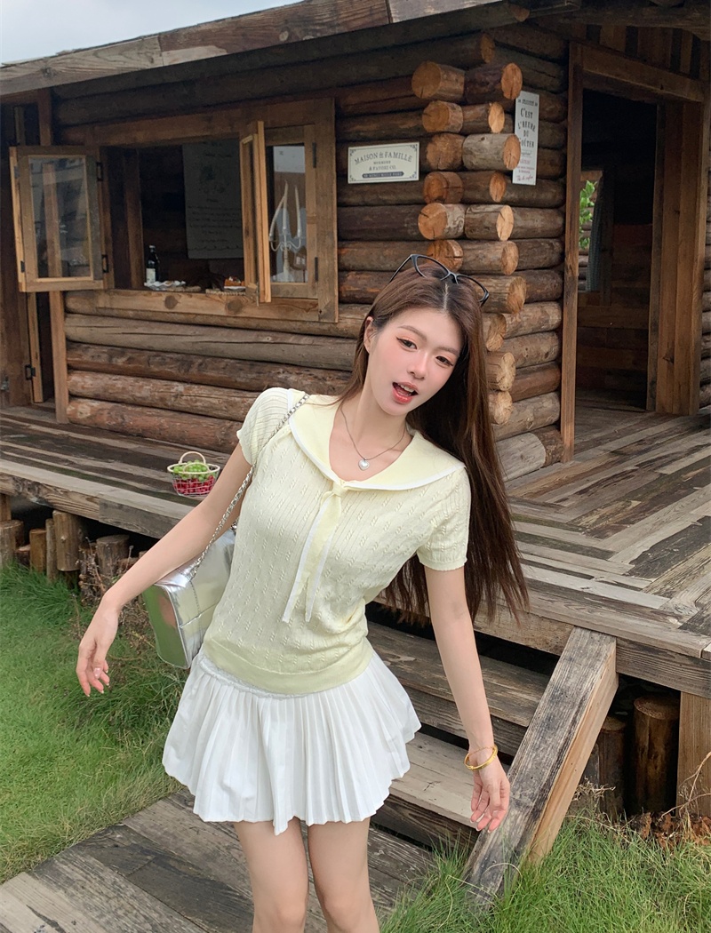 Temperament navy collar tops short sleeve sweater for women
