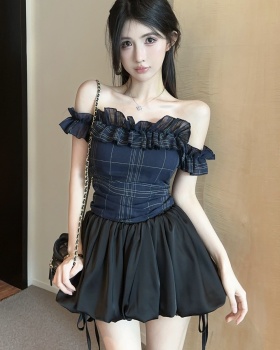 Drawstring autumn tops flat shoulder lantern culottes a set