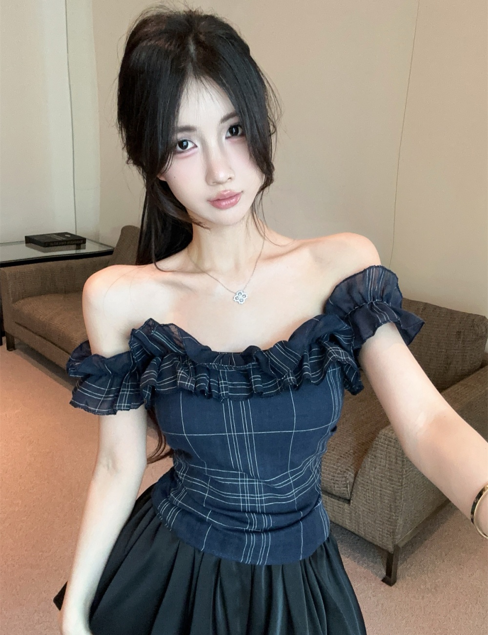 Drawstring autumn tops flat shoulder lantern culottes a set