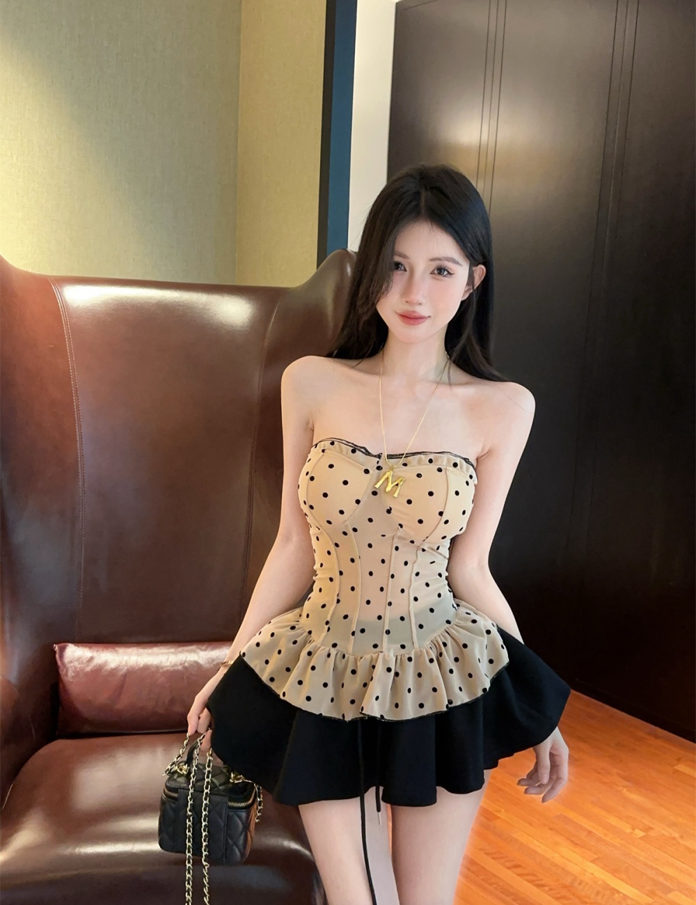 Slim polka dot skirt enticement tops 2pcs set for women