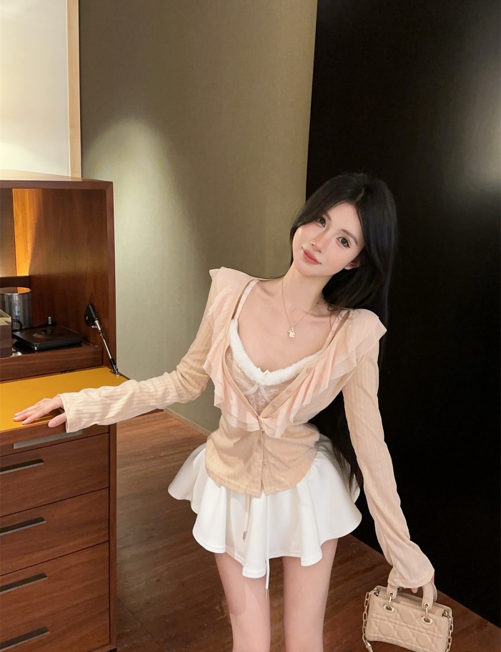 Autumn V-neck short skirt sling vest 3pcs set
