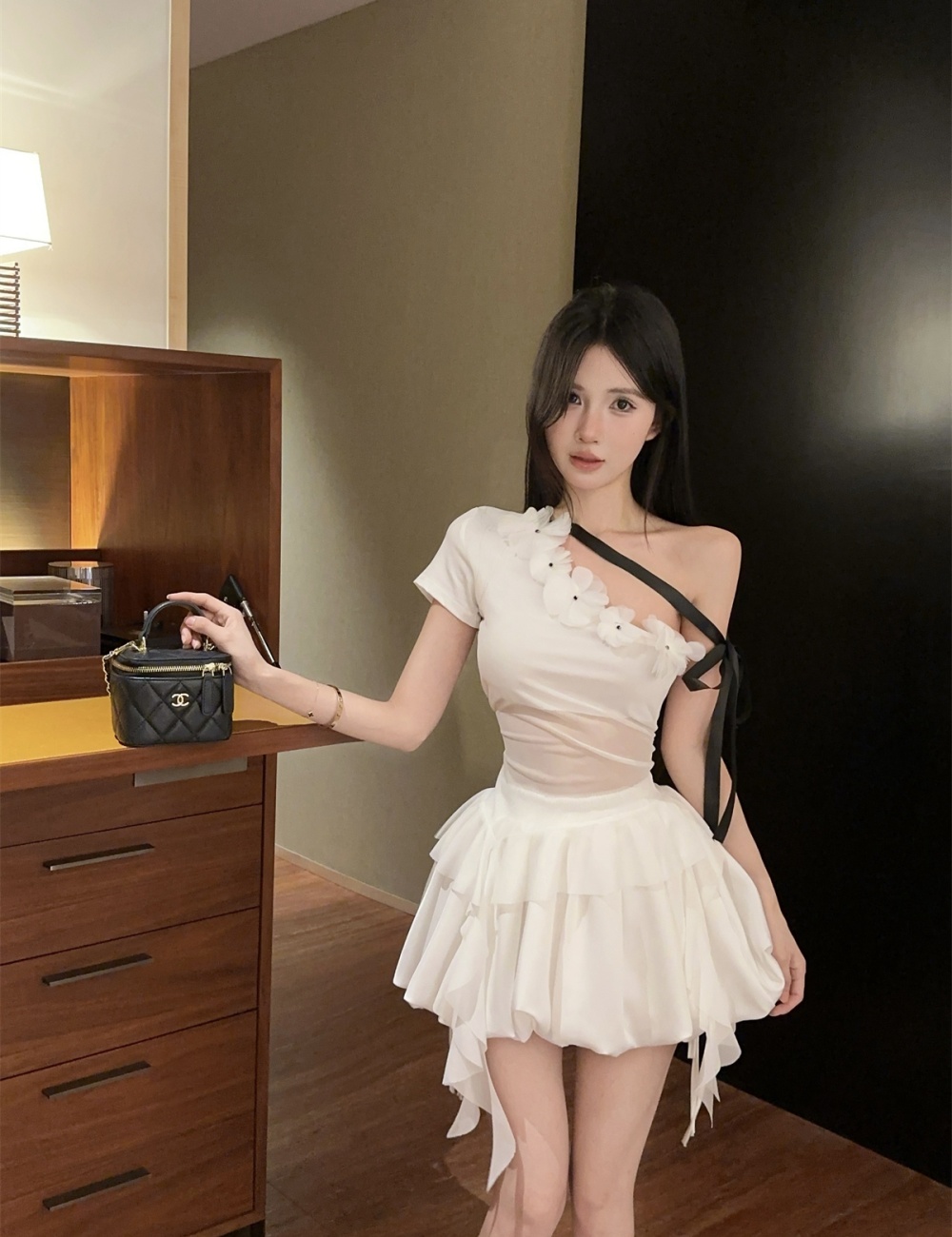 Sloping shoulder tops fashion culottes a set for women
