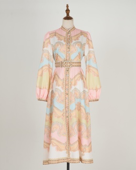 Refinement elegant printing with belt retro dress for women