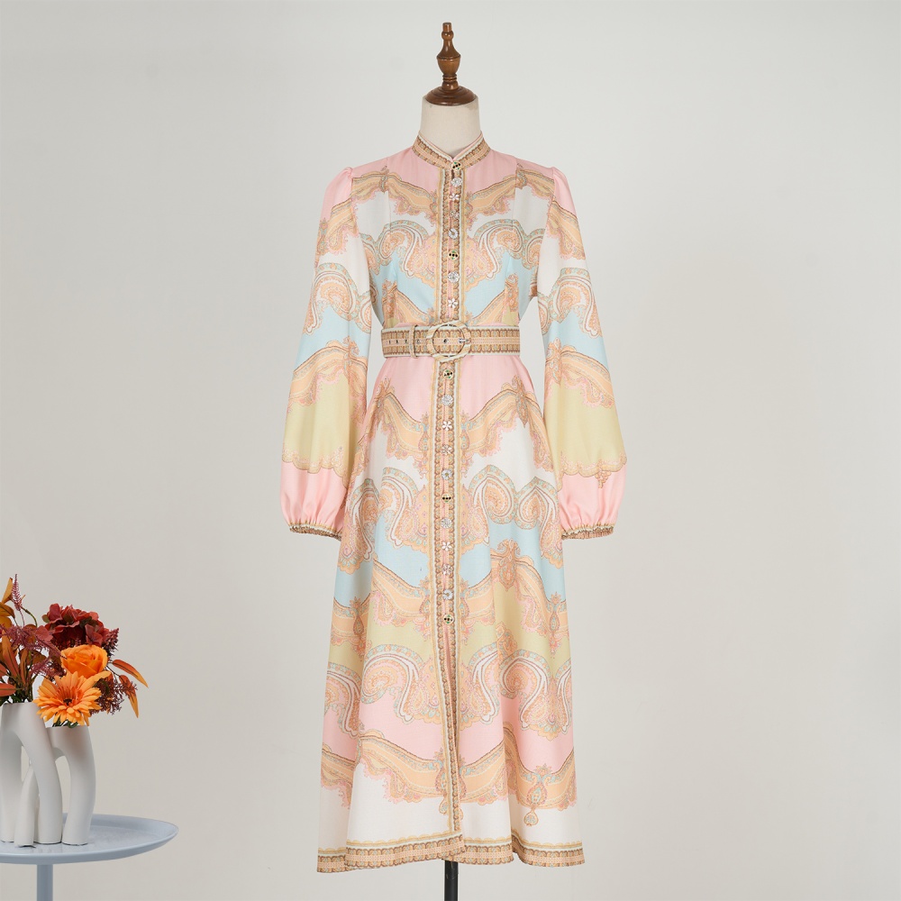 Refinement elegant printing with belt retro dress for women