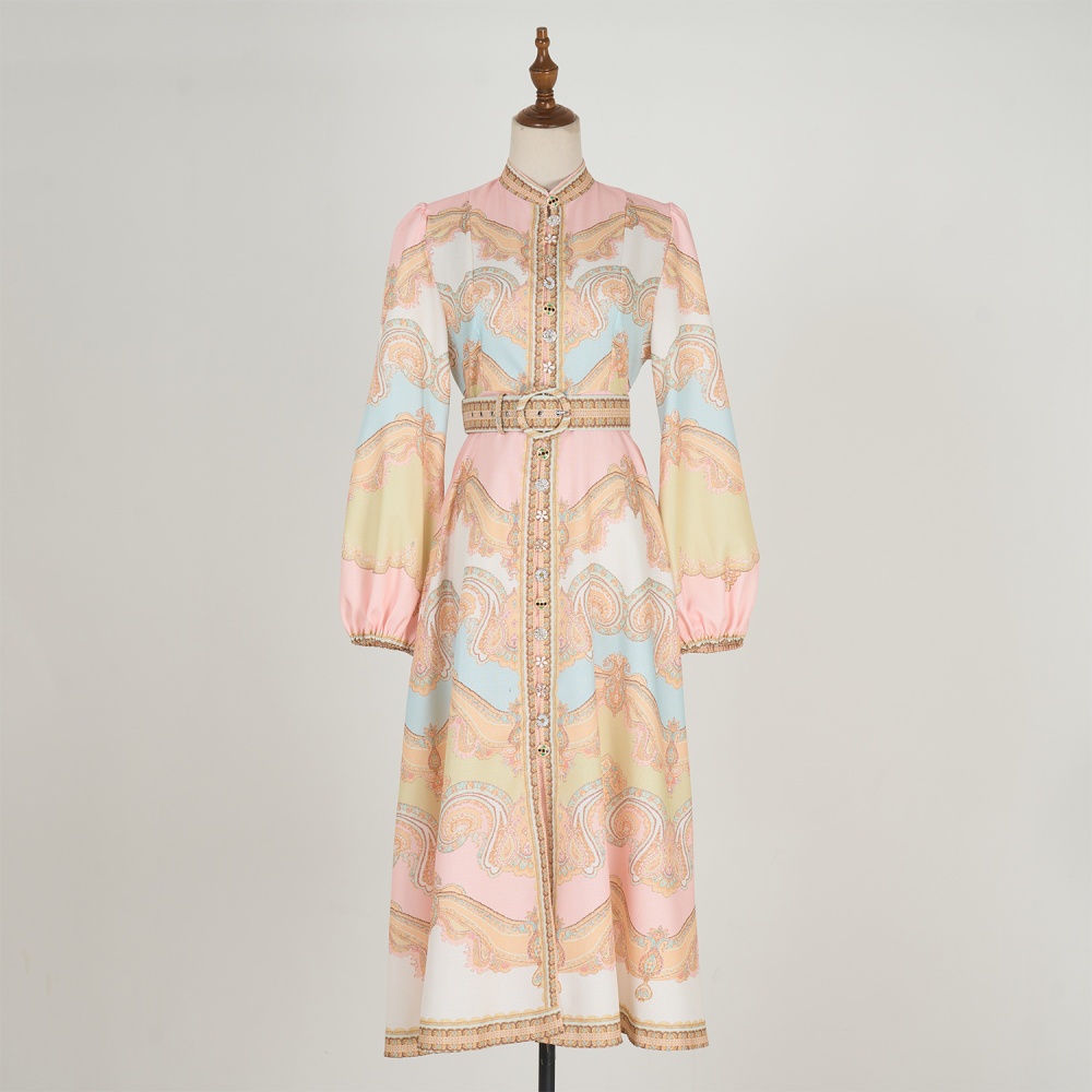Refinement elegant printing with belt retro dress for women