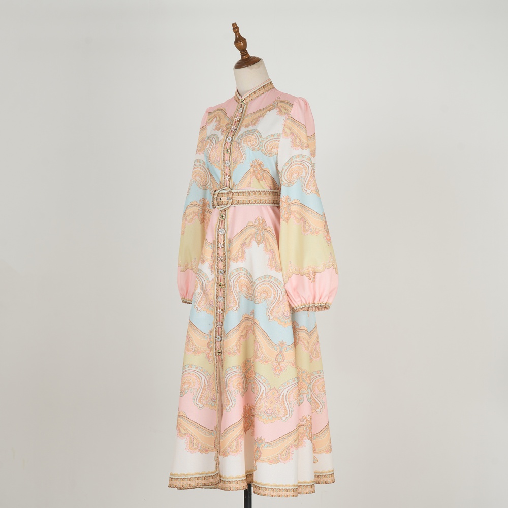 Refinement elegant printing with belt retro dress for women