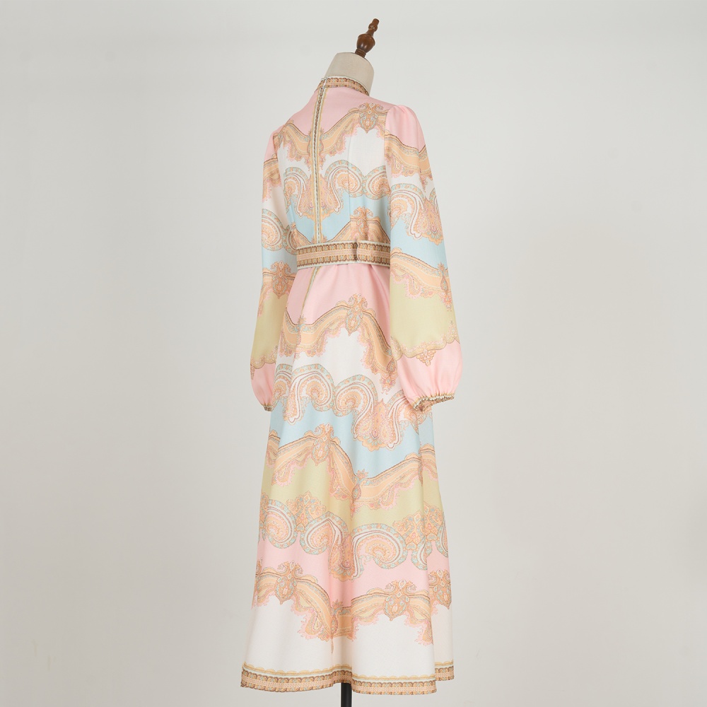 Refinement elegant printing with belt retro dress for women