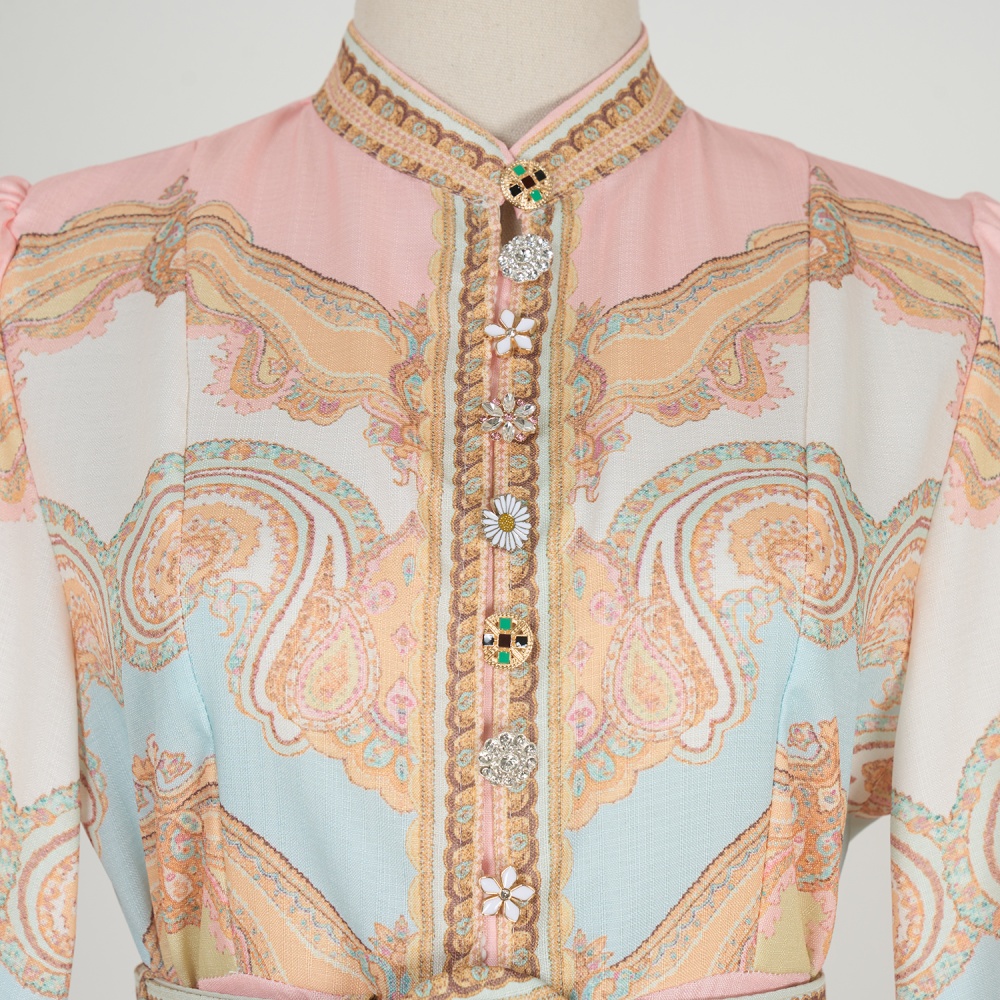 Refinement elegant printing with belt retro dress for women