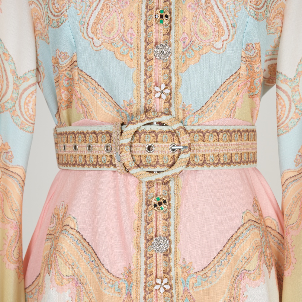 Refinement elegant printing with belt retro dress for women