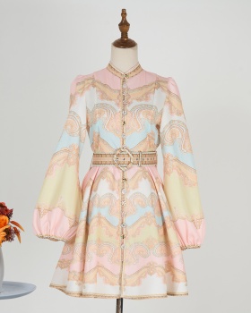 Retro with belt elegant printing refinement dress for women
