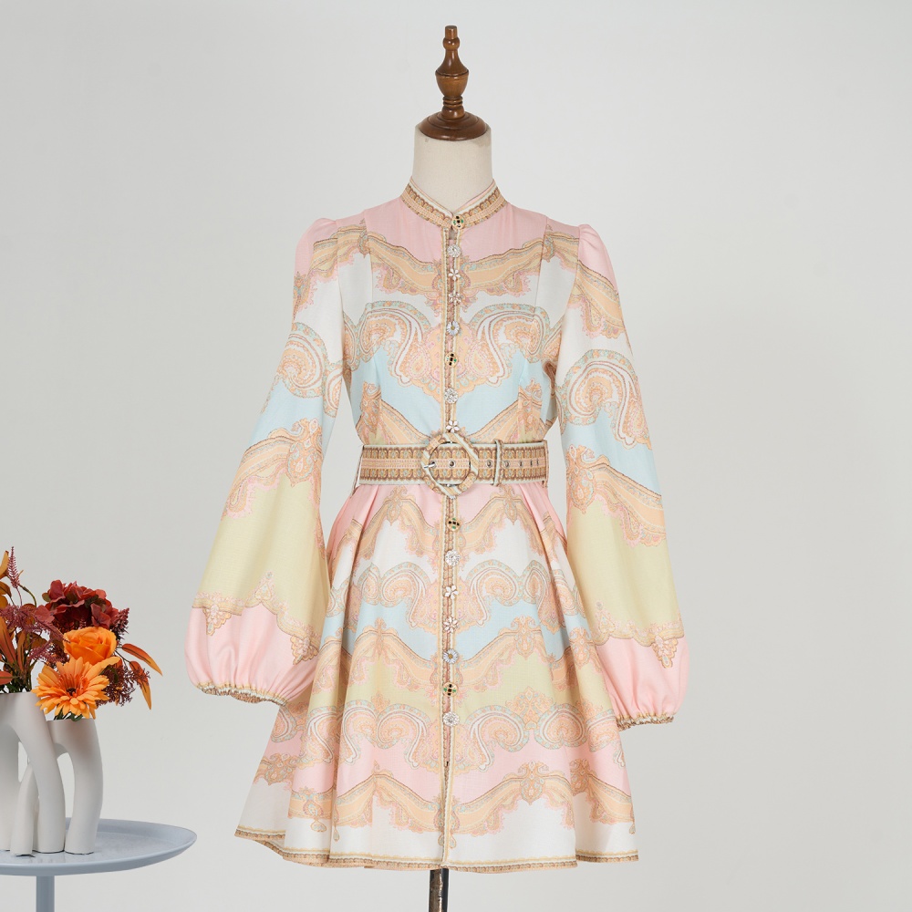 Retro with belt elegant printing refinement dress for women