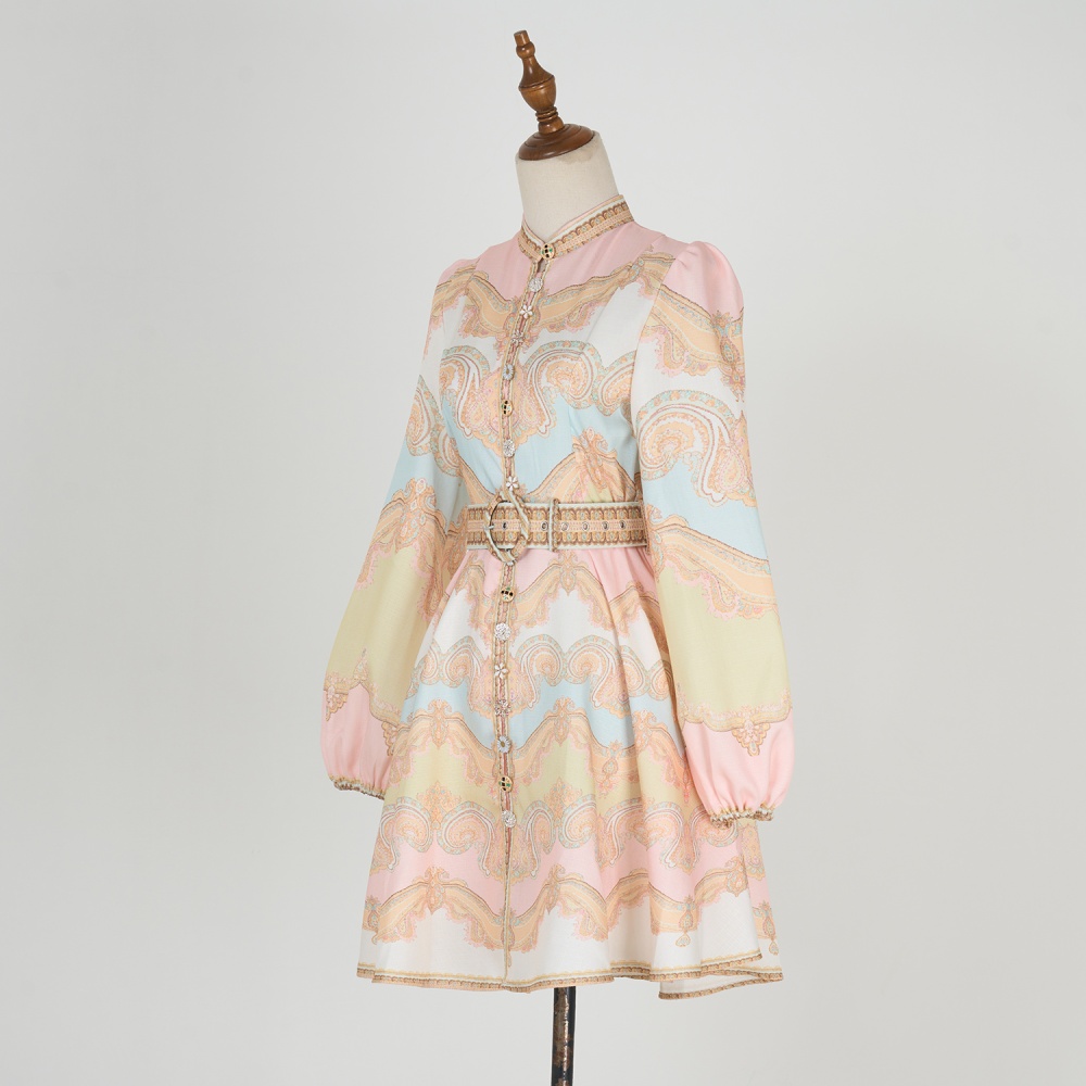 Retro with belt elegant printing refinement dress for women