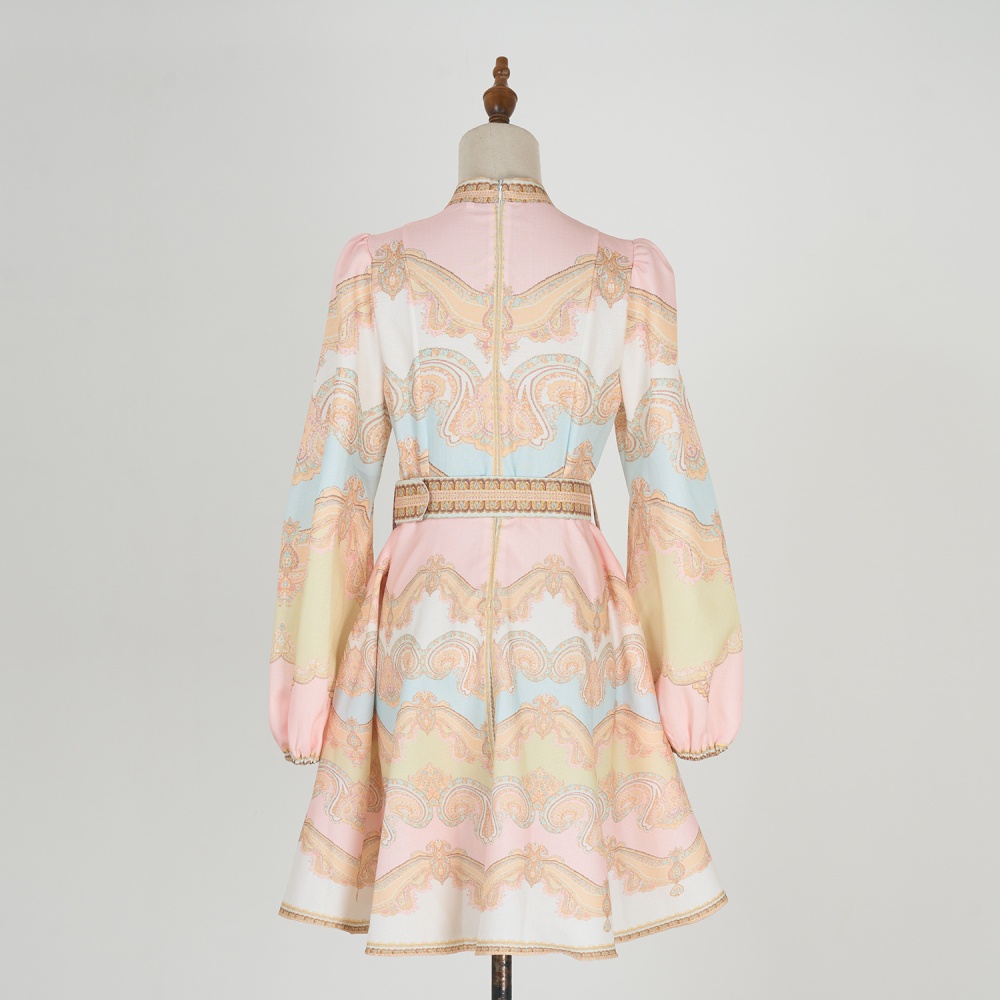 Retro with belt elegant printing refinement dress for women