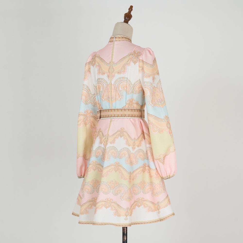 Retro with belt elegant printing refinement dress for women