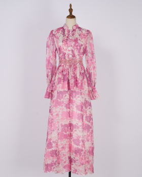 Buckle fresh embroidery dress printing sweet long dress