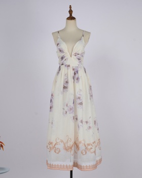 Blue real silk long flowers sling flax V-neck dress