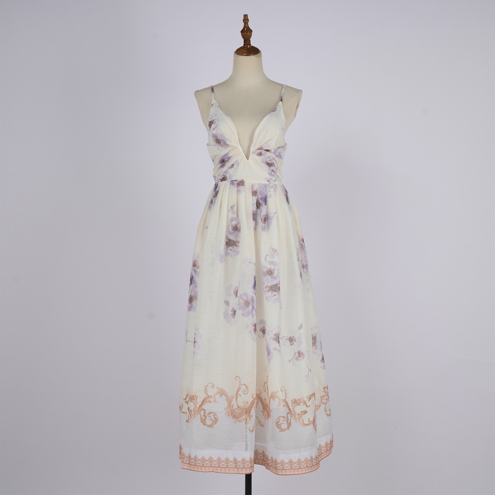 Blue real silk long flowers sling flax V-neck dress