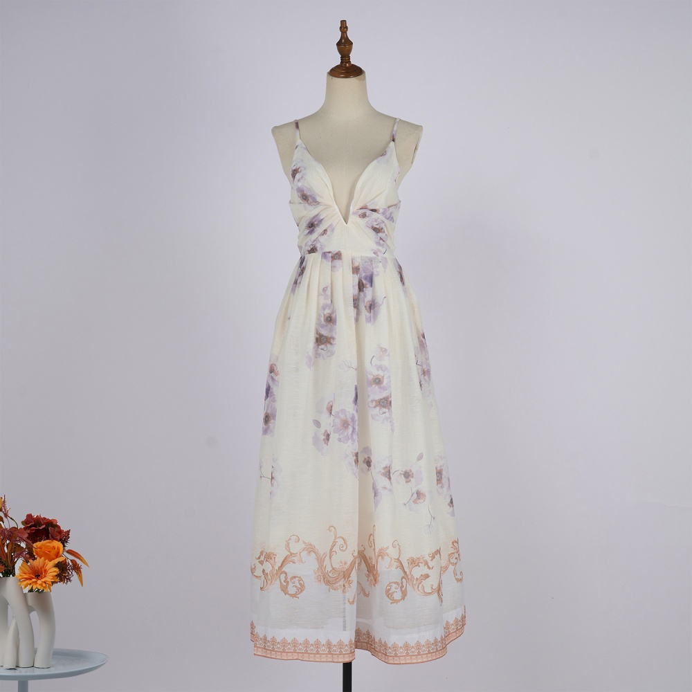 Blue real silk long flowers sling flax V-neck dress