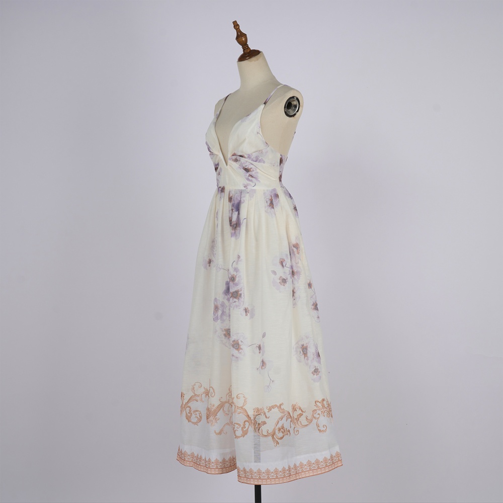 Blue real silk long flowers sling flax V-neck dress