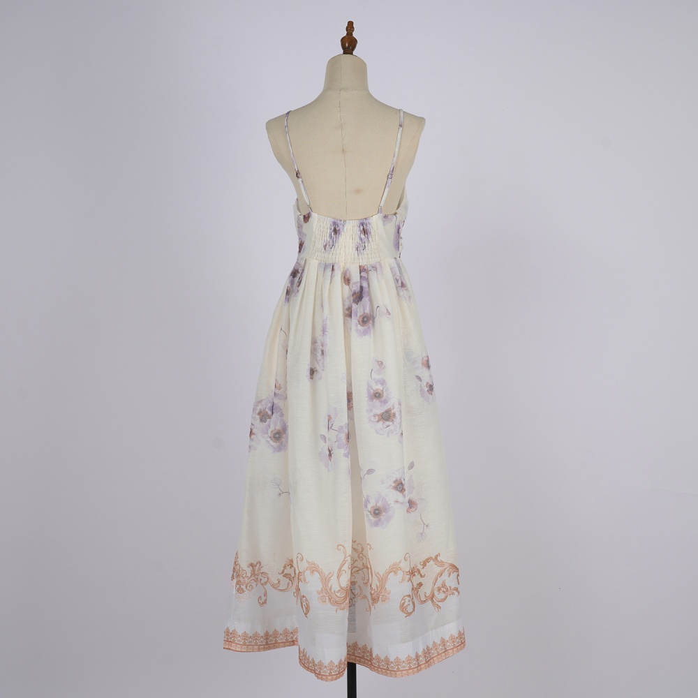 Blue real silk long flowers sling flax V-neck dress