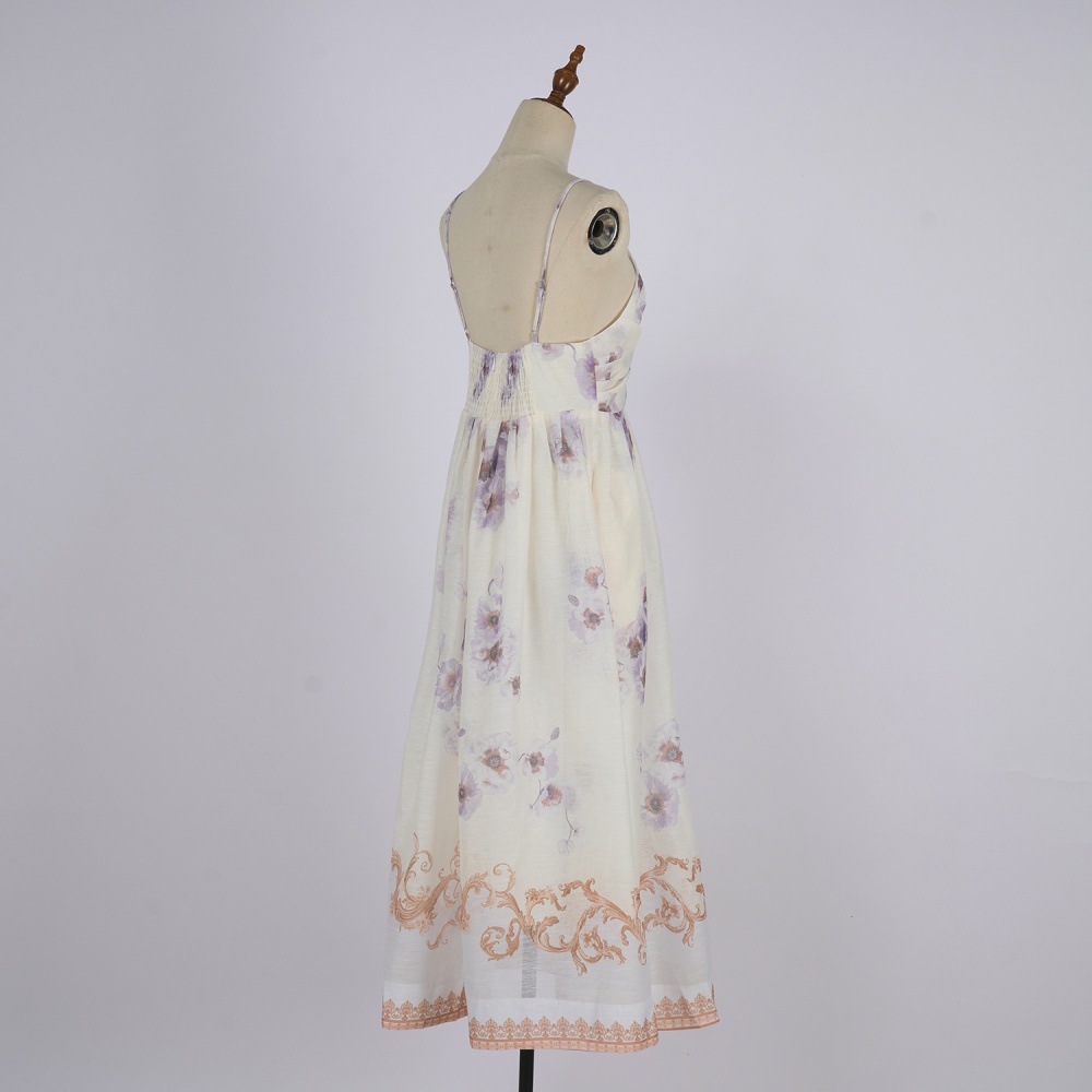 Blue real silk long flowers sling flax V-neck dress