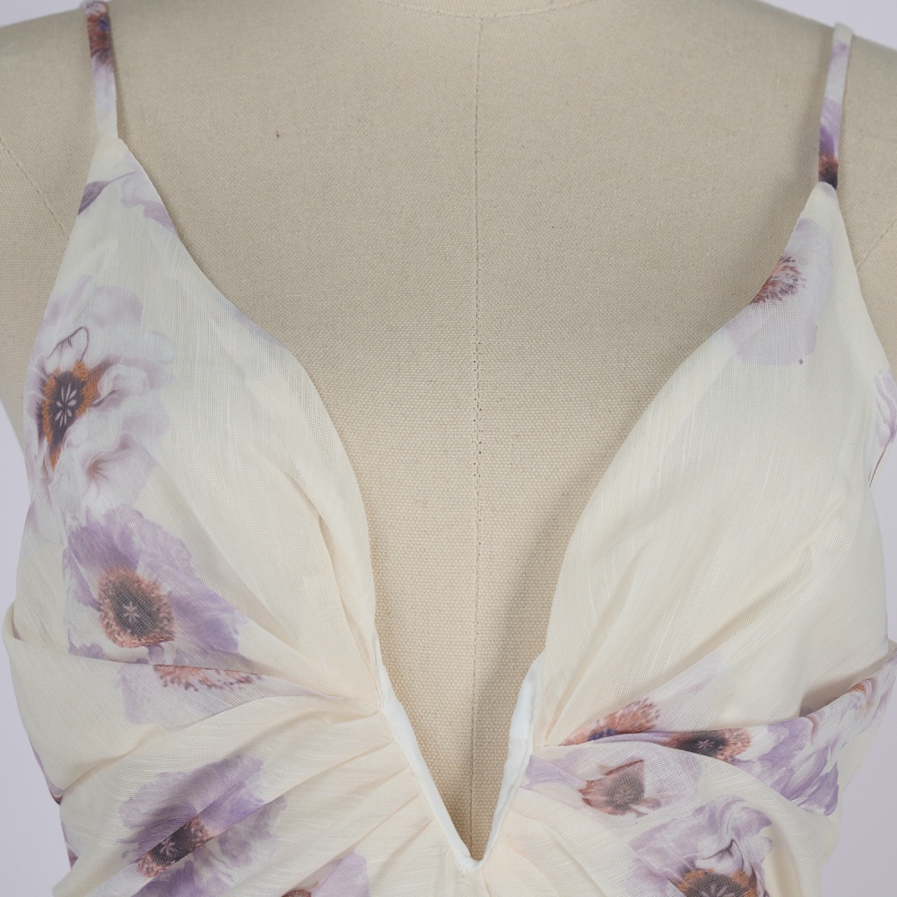 Blue real silk long flowers sling flax V-neck dress