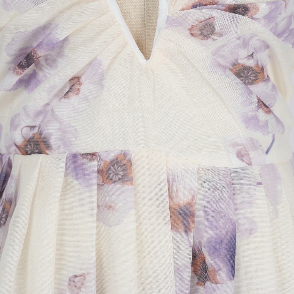 Blue real silk long flowers sling flax V-neck dress