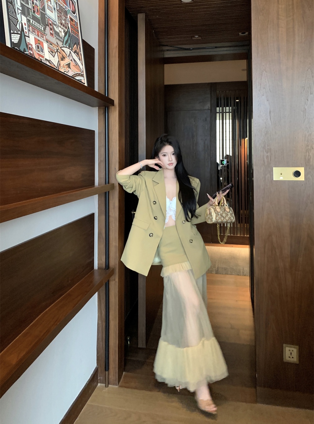 Western style long coat autumn fashion business suit 2pcs set